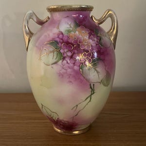 Vintage Handpainted Nippon Floral Vase Handles Gold Trim