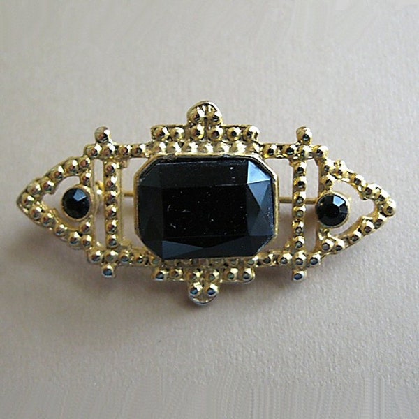 Vintage Black Lucite Bar Brooch Symmetrical Mourning Jewelry Style