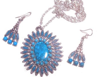 Vintage Imitation Turquoise Necklace and Earrings Jewelry Set