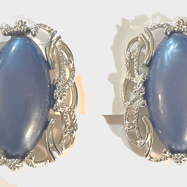 Vintage Signed Large Blue Enamel Cabochon Sarah Coventry SAC Clip Earrings