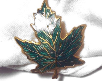 Dark Green and Gold Glass Enamel Leaf Pin Brooch Vintage