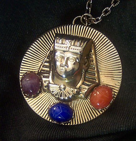 Vintage King Tut Necklace with Glass Scarabs Gem