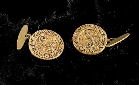 Vintage Brass Button Cufflinks With Embossed Seahorses, Mens