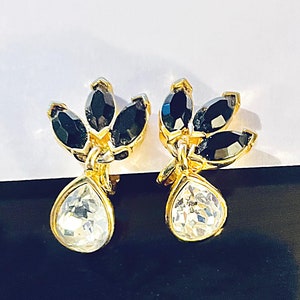Striking Trifari Black Glass and Rhinestone Earrings Vintage
