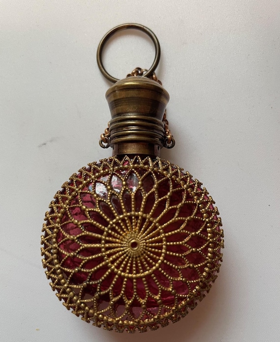 Antique Bohemian Cranberry Glass Filigree Metal Perfume Bottle