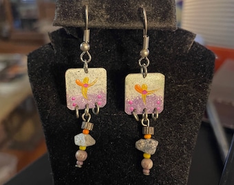 Vintage Hand Painted Copper Earrings  Wirework and Stone Bead Dangles
