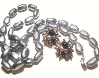 boucles d’oreilles et collier de perles grises vintage, ensemble de bijoux