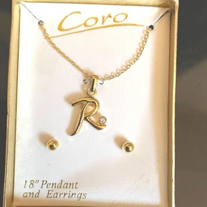Vintage NOS Coro Initial Necklace and Post Earrings