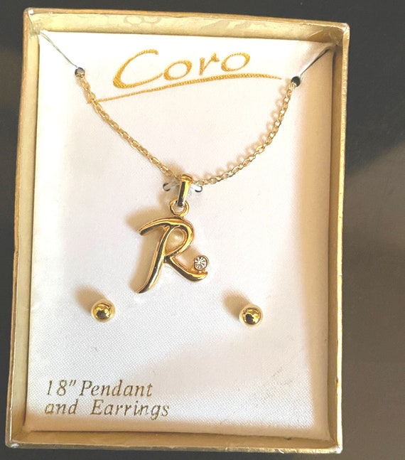 Vintage NOS Coro Initial Necklace and Post Earrin… - image 1