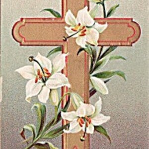 Antyczna, tłoczona i złocona pocztówka wielkanocna z 1911 r. z liliami krzyżowymi
