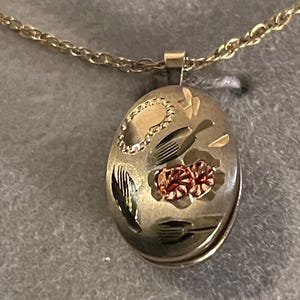 May include: Gold-toned oval pendant necklace with intricate floral and leaf designs. The pendant features a central cluster of red-toned stones and is suspended from a delicate gold chain. A classic piece of jewelry.