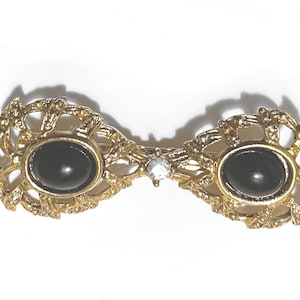 Vintage Openwork Brooch Two Black Glass Cabochons Bar Pin