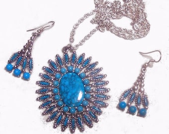 Vintage Imitation Turquoise Necklace and Earrings Jewelry Set