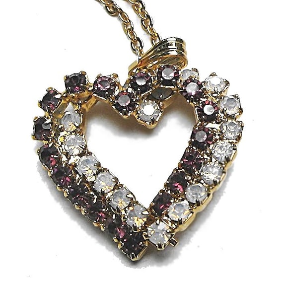 Dual Heart Rhinestone Necklace Purple and White