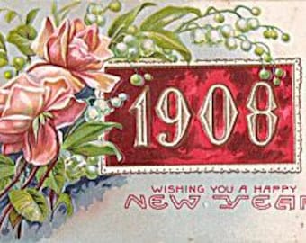 Postal de Año Nuevo de 1907-1908, efímera victoriana, postal floral antigua