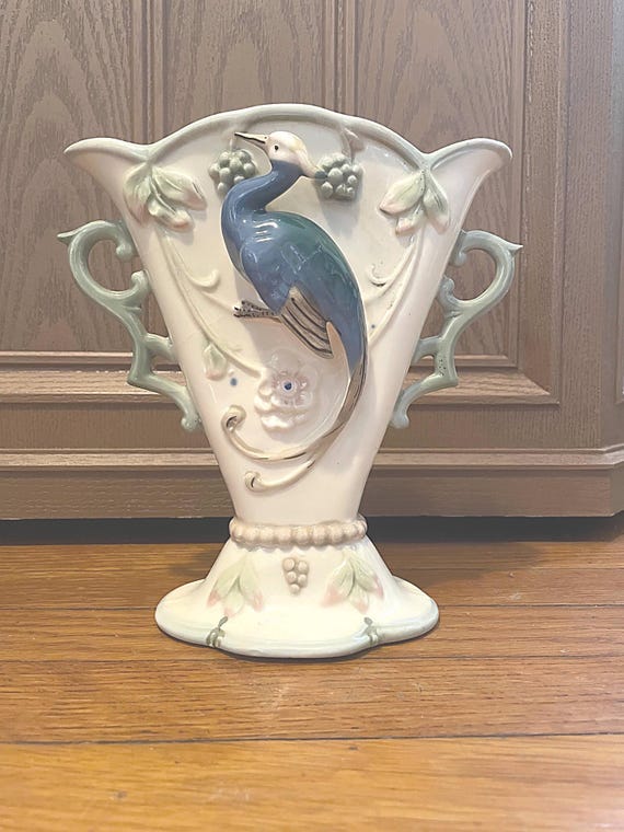 Art Nouveau Majolica Glazed Porcelain Fan Vase with Pheasant, Antique Home Decor