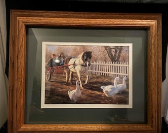 1990s Oak Framed Robert Duncan "The Pony Cart" Wall Art, Decorator Art