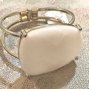 Large Faceted White Glass Cabochon Clamper Bracelet