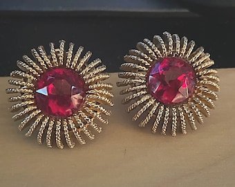Vintage Red Glass Rhinestone Starburst Clip Earrings