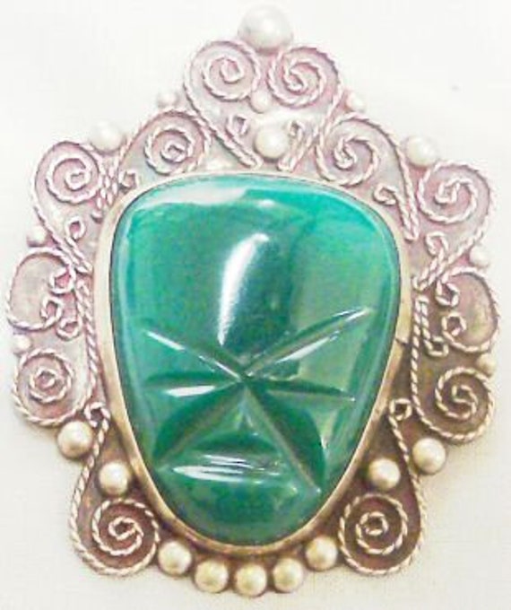 Vintage Alpaca Mexican Green Stone Face Pin - image 1