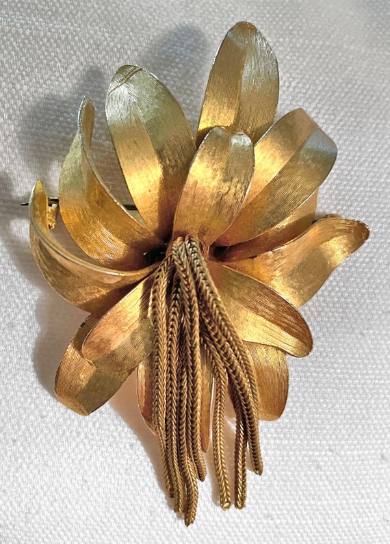 Floral Brooch with Mesh Fringe Tassel c. 1940s - image 1