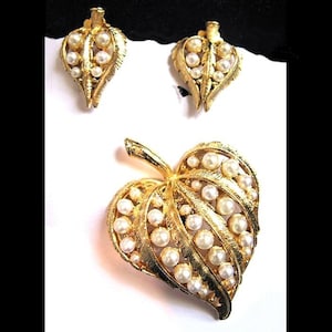 Vintage Pearly Leaf Brooch and Earrings Set Demi Parure, Jewelry Set, Gifts for Women, Jewelry for Her, Birthday Gifts
