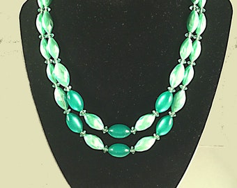 Vintage Two Strand Teal Green Lucite and Plastic Bead Necklace, Green Jewelry, Necklaces for Her, Gifts for Her