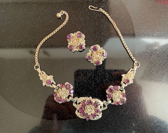Vintage paarse bloem cluster ketting en oorbellen Demi Parure