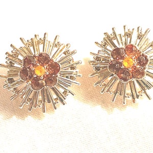 Vintage Topaz Rhinestone Sunburst Clip Earrings