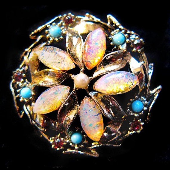 Vintage Faux Opal Art Glass and Rhinestone Brooch - image 1