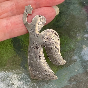 Vintage Embossed Silver Angel Pin, Religious Pin, Holiday Brooch, Christmas Angel, Herald Angel