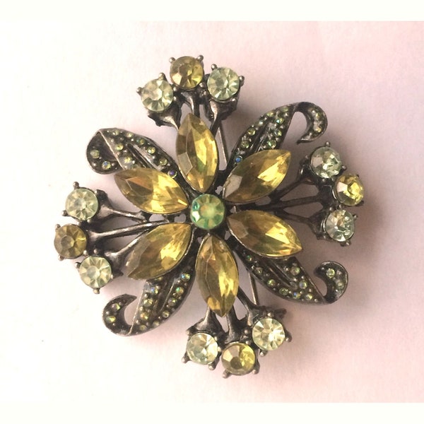 Vintage Rhinestone Brooch Peridot Green Topaz Navettes Quality