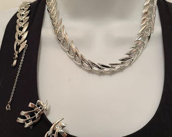 Vintage Coro Silvertone 3-delat smyckeset, Halsband Armband Örhängen Set, Vintage Kostymsmycken, Signerade Smycken, Smycken för Henne