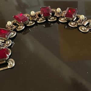 1940s Red Rhinestone Book Chain Bracelet, Vintage Jewelry