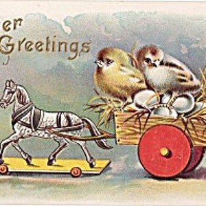 Antique Early 1900s Embossed Easter PC, Easter Greetings Postcard, Toy Horse Postcard, Cart,  Chicks