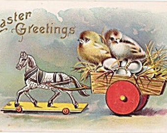Antique Early 1900s Embossed Easter PC, Easter Greetings Postcard, Toy Horse Postcard, Cart,  Chicks