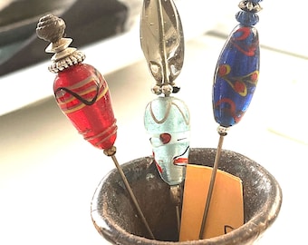 Vintage glazen hoedenspelden, hoedaccessoires, glaskralen, JOUW KEUZE