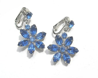 Vintage Blue Star Rhinestone Dangle Clip Earrings