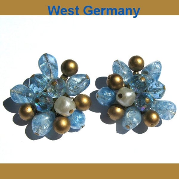 Vintage Signed W Germany Blue Bead Clipon Earrings
