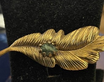 Vintage Brass Leaf Brooch Turquoise