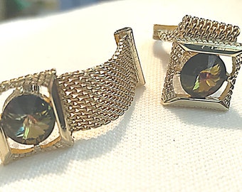 Vintage Wraparound Brown and Green Rivoli Cuff Links