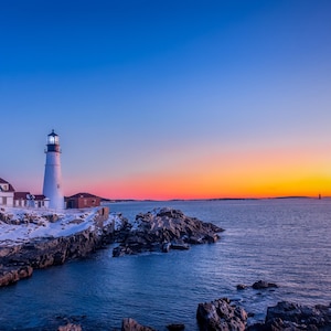Maine, Portland Head Light, Portland Lighthouse at Sunrise on a Brisk Winter Morning, Portland Light House with Sun Rising