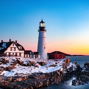 Maine, Portland Head Light, Portland Lighthouse at Sunrise on a Brisk Winter Morning, Portland Light House with Sun Rising