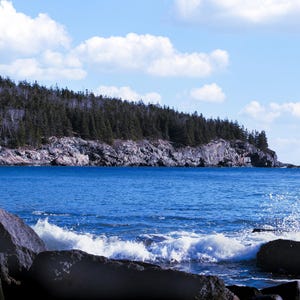 Pode incluir: Uma costa rochosa com uma floresta no fundo. A água é azul e há ondas brancas quebrando contra as rochas.