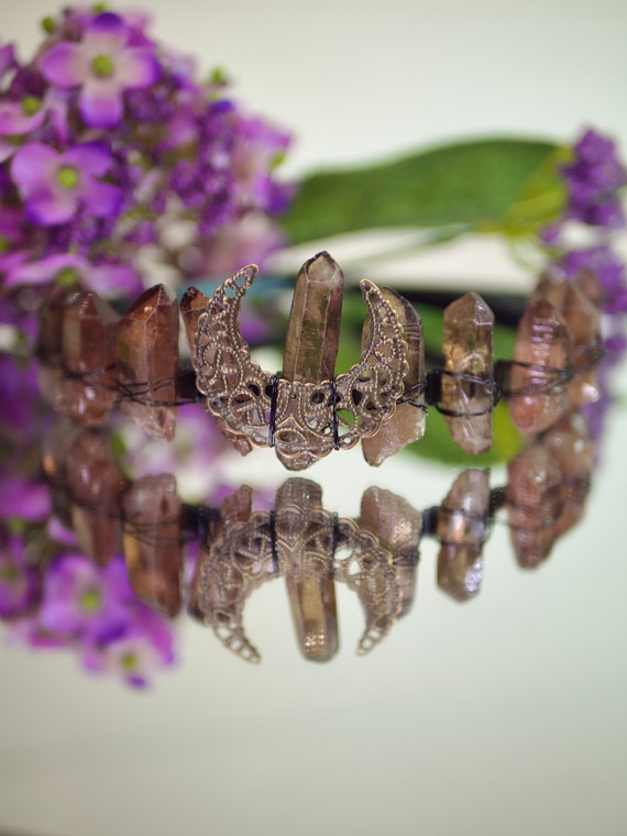 Smokey Quartz Moon Crown Druid Crystal Crown with Smokey Quartz and a Filigree Moon  main image 3