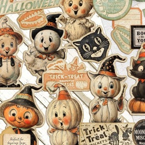 Könnte beinhalten: Eine Sammlung von Halloween-Papierauschnitten im Vintage-Stil. Die Designs umfassen lächelnde Kürbisse, Vogelscheuchen, schwarze Katzen und einen Vampir. Textelemente sind "Halloween", "Trick or Treat" und "Boo to You". Die Farbpalette umfasst Orange, Schwarz und Creme.