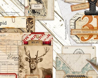 Puede incluir: Un collage de efímeras vintage con una estética rústica. Incluye etiquetas, tarjetas y elementos con textos como "Cupid", "believe" y "always believe in a little magic". La paleta de colores es apagada, con beige, marrón y toques de rojo.