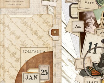 May include: A collage of vintage ephemera, including journal pages, date cards, and botanical elements. The design features a pocket with the name "Pollyanna" and a "Jan 25" tag. The text "Months & Numbers" is visible.