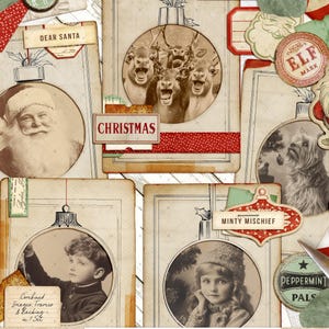 May include: A collage of vintage Christmas-themed ephemera. Includes portraits in ornament shapes, Santa Claus, reindeer, and a dog. Text includes "Dear Santa," "Christmas," "Elf Mark," and "Minty Mischief."