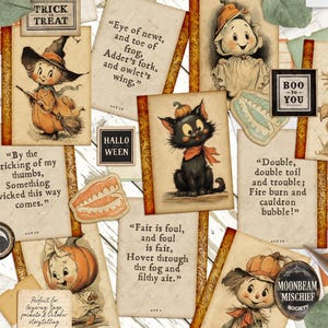 Puede incluir: Un collage de ef&iacute;meras vintage con tem&aacute;tica de Halloween. Incluye ilustraciones de un gato negro, espantap&aacute;jaros y calabazas, junto con extractos de texto de una obra de teatro. La paleta de colores utiliza tonos c&aacute;lidos de naranja, marr&oacute;n y crema.